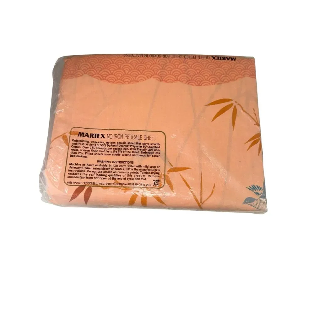 VTG‎ NEW Martex QUEEN FITTED ONLY Orange Floral No Iron Percale Sheet USA